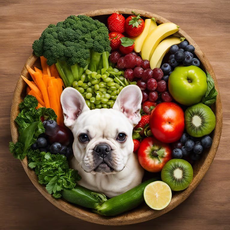 Bulldog and vegetables.